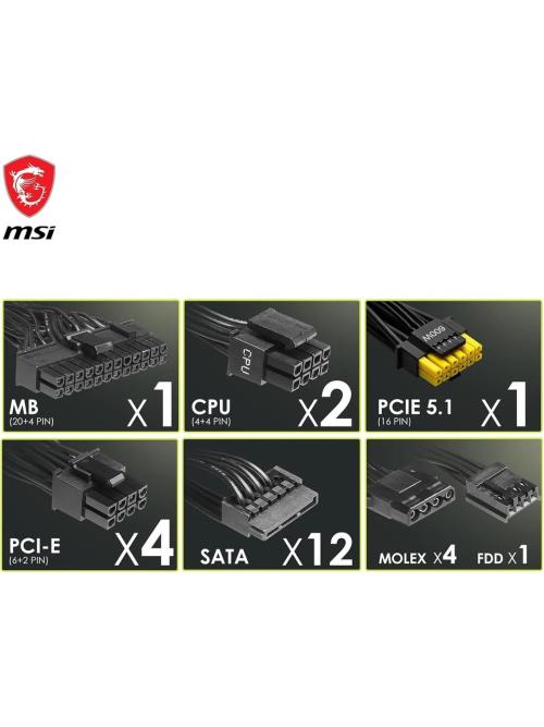 MSI MAG A1250GL PCIE5 1250W 80+ Gold Power Supply Bilgisayar Güç Kaynağı